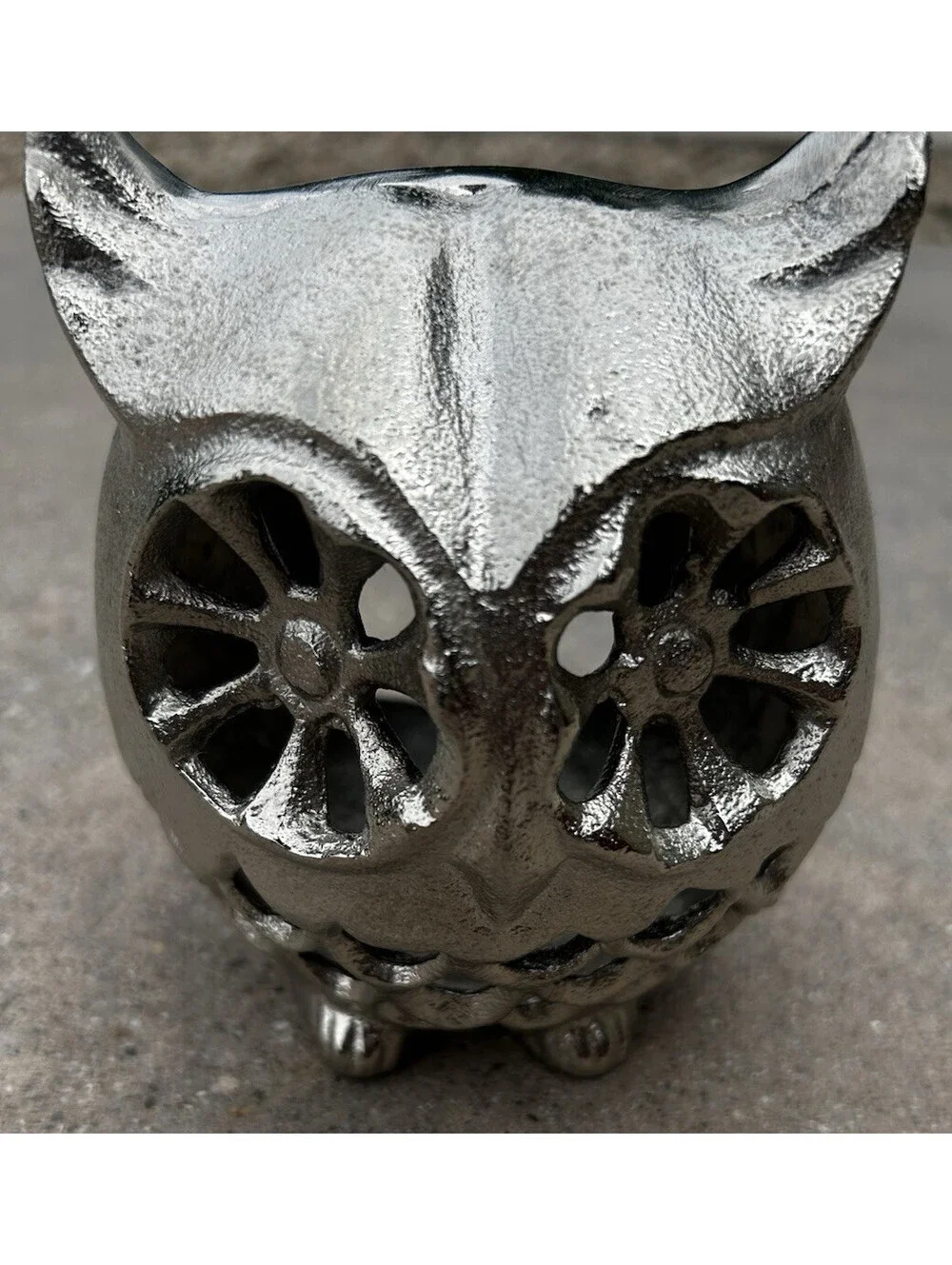 Vintage Pewter Iron Owl Candle Holder Lantern Tea Light Garden Decor 5” Tall